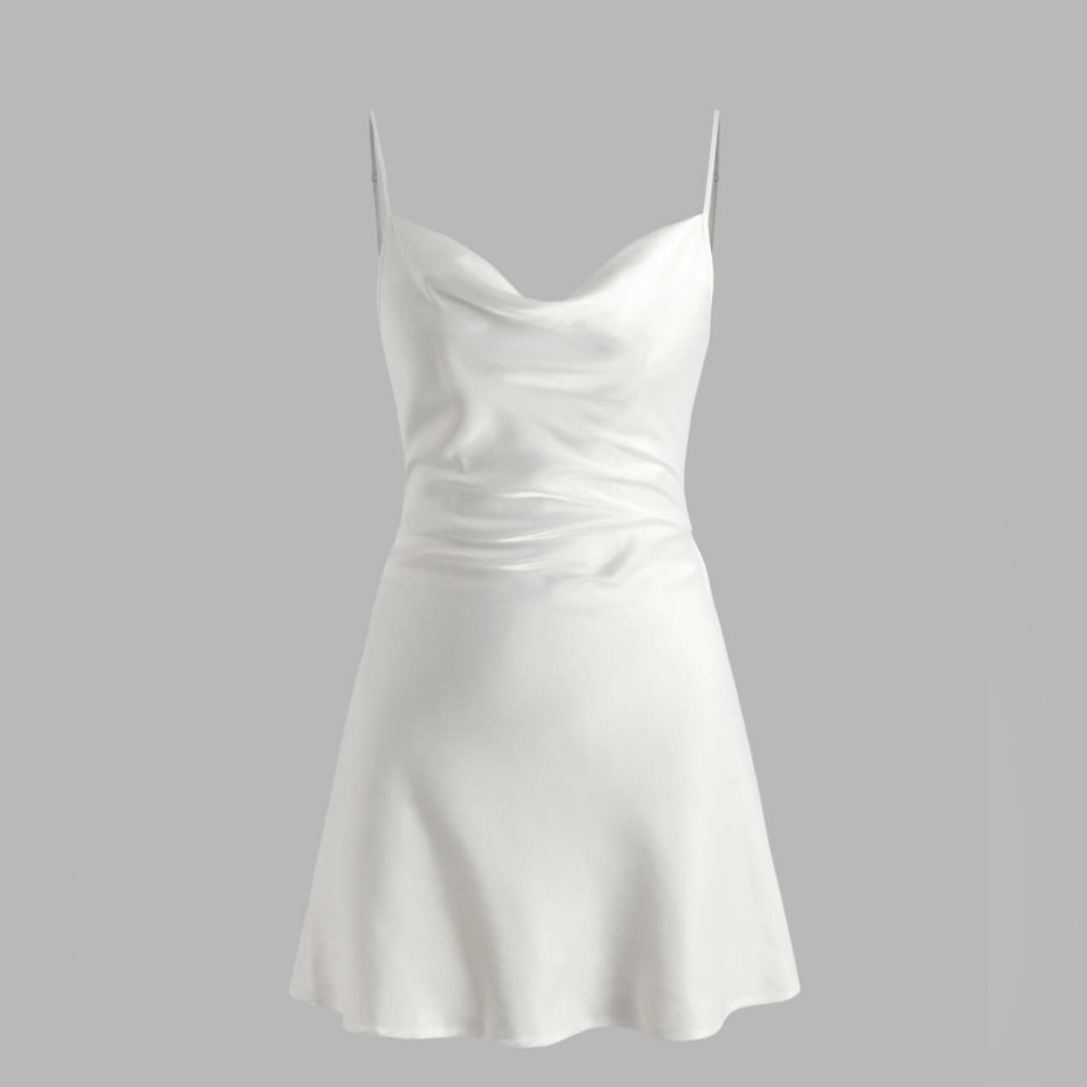 Cider - white cowl neck mini dress with waist tie to snatch the waist